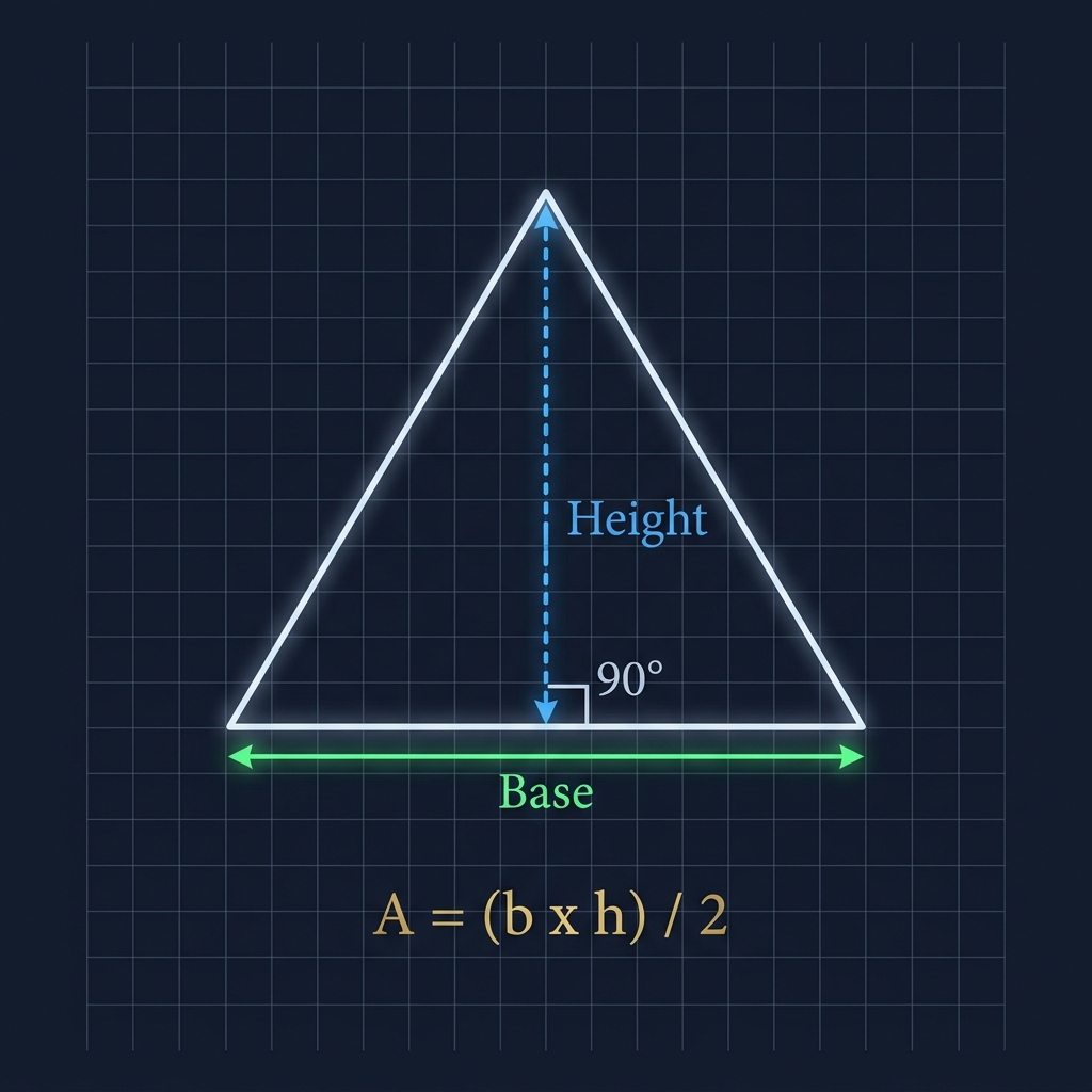 Triangle diagram showing base measurement along the bottom and perpendicular height from base to apex with formula overlay