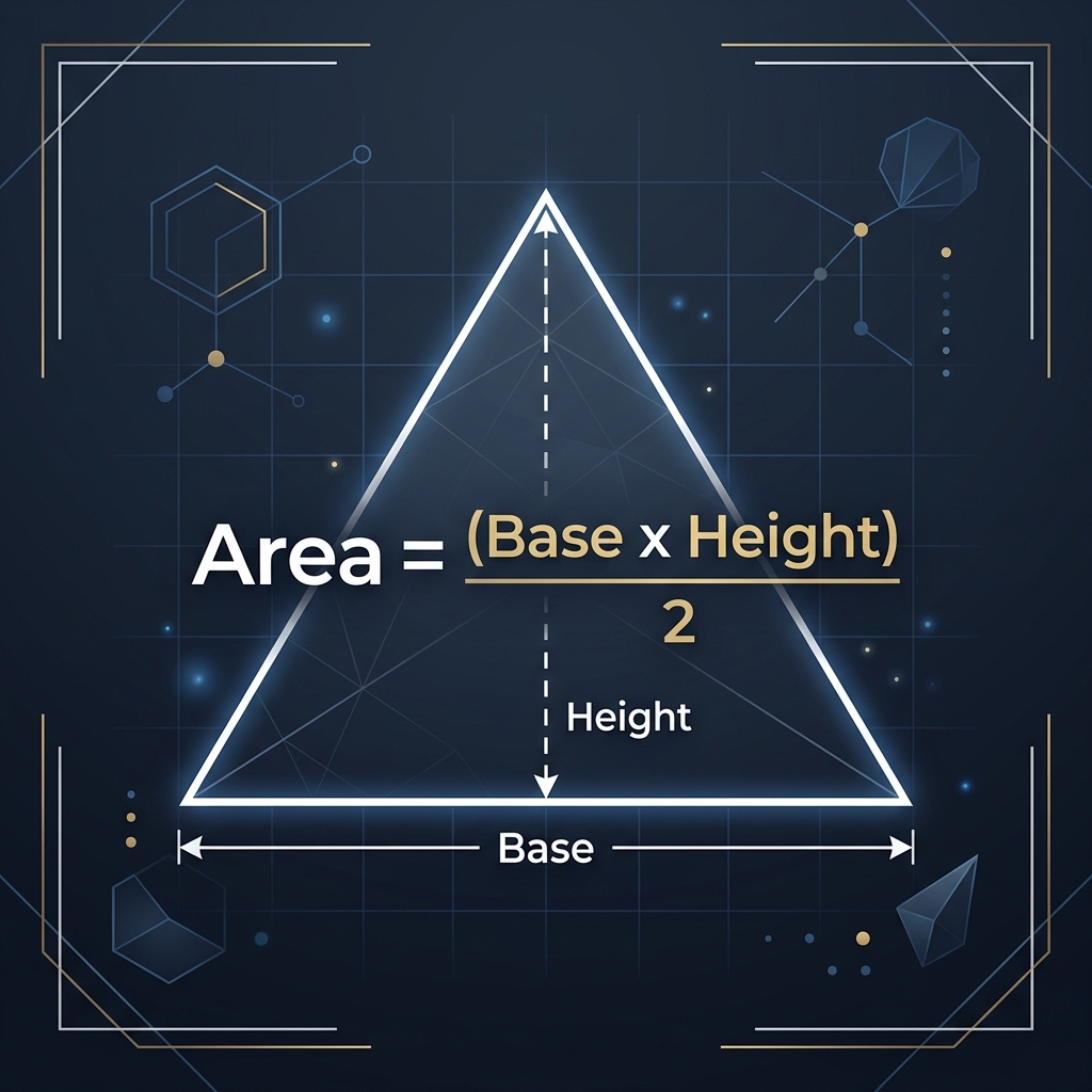 Triangle with base and height measurement arrows and the area formula overlay on dark background