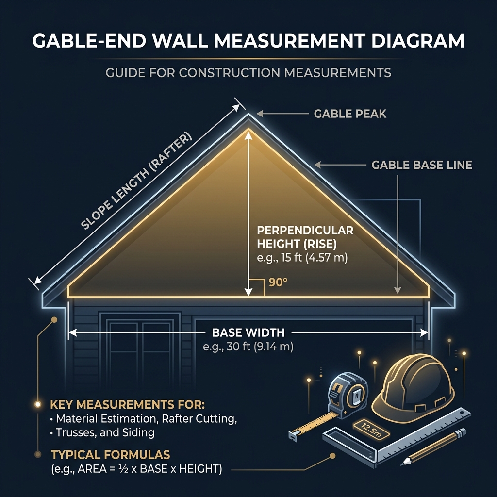 Gable-end wall measurement diagram showing base width and perpendicular height with dimension arrows