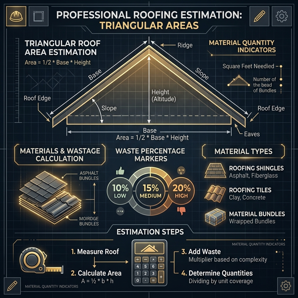 Construction materials estimation infographic for triangular roofing areas with waste percentage markers