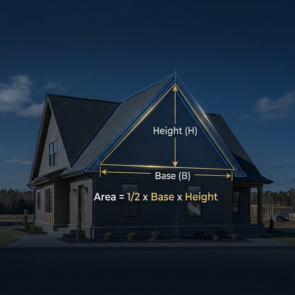 Triangular roof section with base and height measurement arrows and the area formula overlay