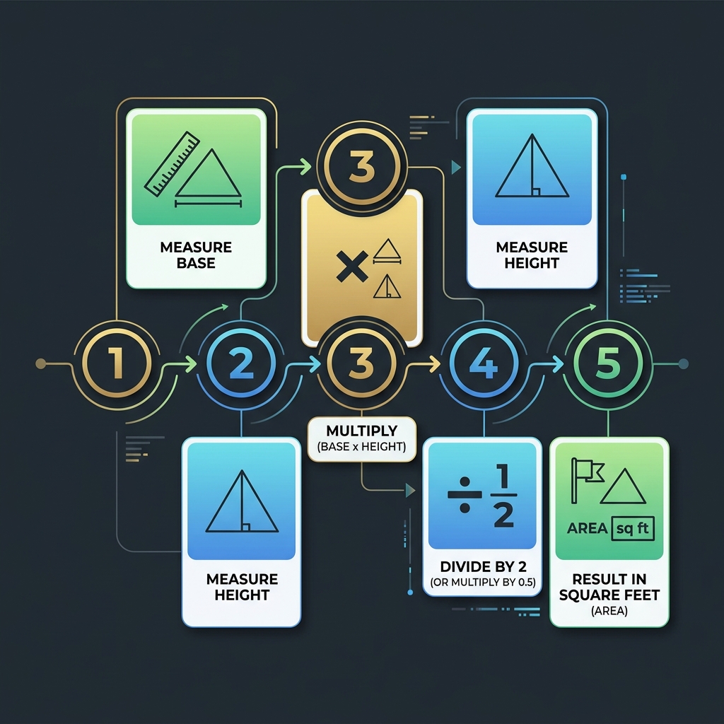 Five-step infographic showing the process of calculating triangle area from measuring base and height to final square footage result