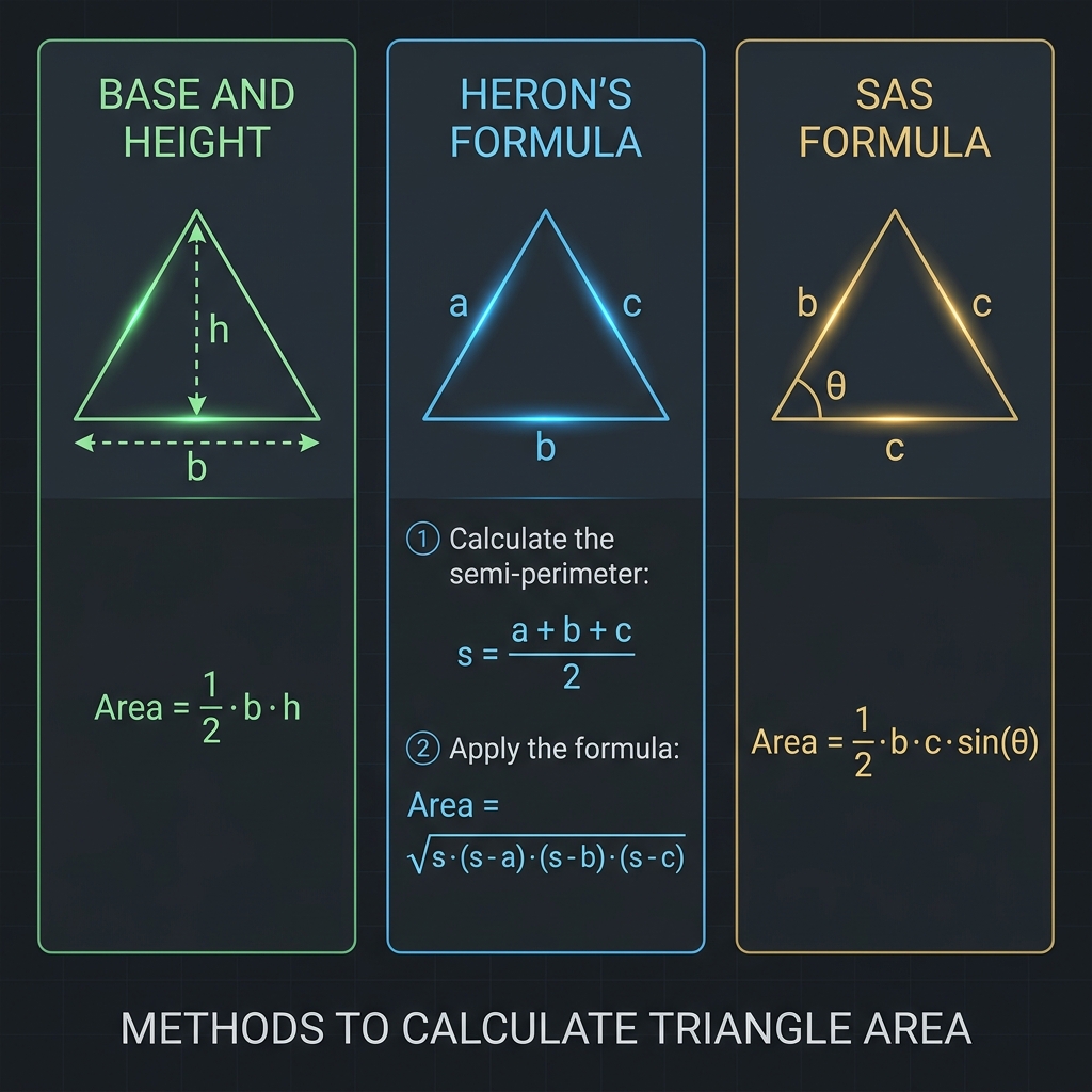 Three triangle calculation methods compared side by side showing base-height, Heron's formula, and SAS formula