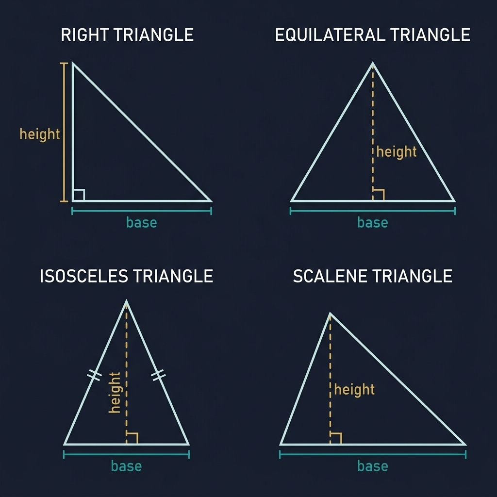 Four triangle types showing how base and height are identified in right, equilateral, isosceles, and scalene triangles