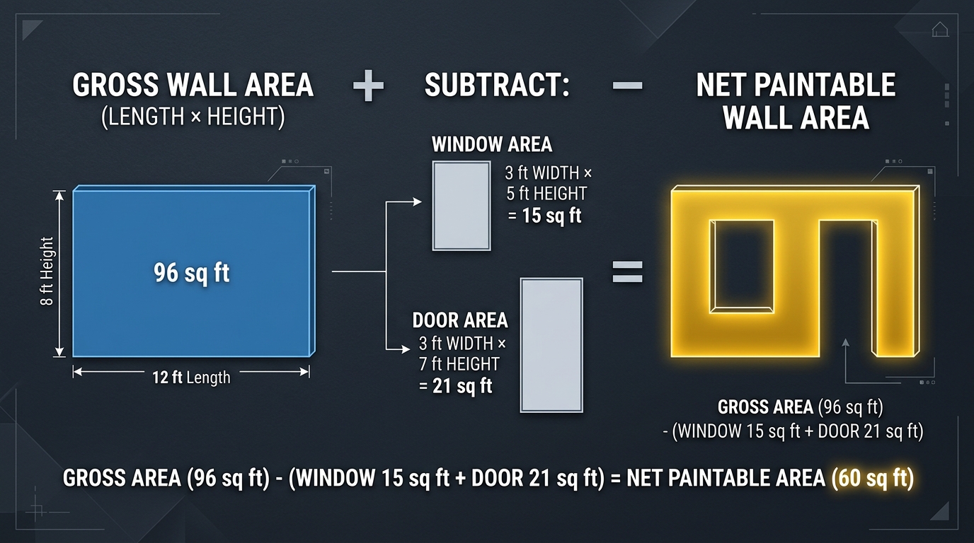 Diagram showing window and door subtractions from vertical drywall wall area for accurate paint estimation