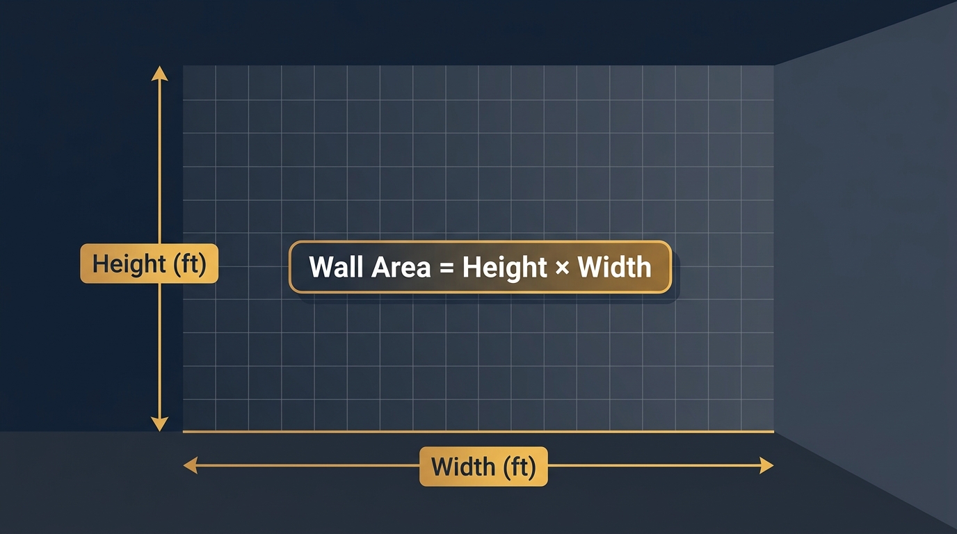 Wall square footage calculation diagram showing height and width formula overlay on modern interior wall