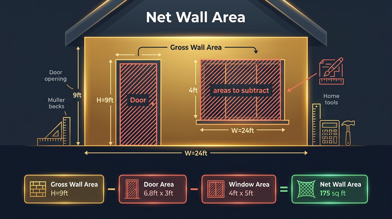 Net wall area diagram showing gross wall area minus door and window openings to calculate paintable surface