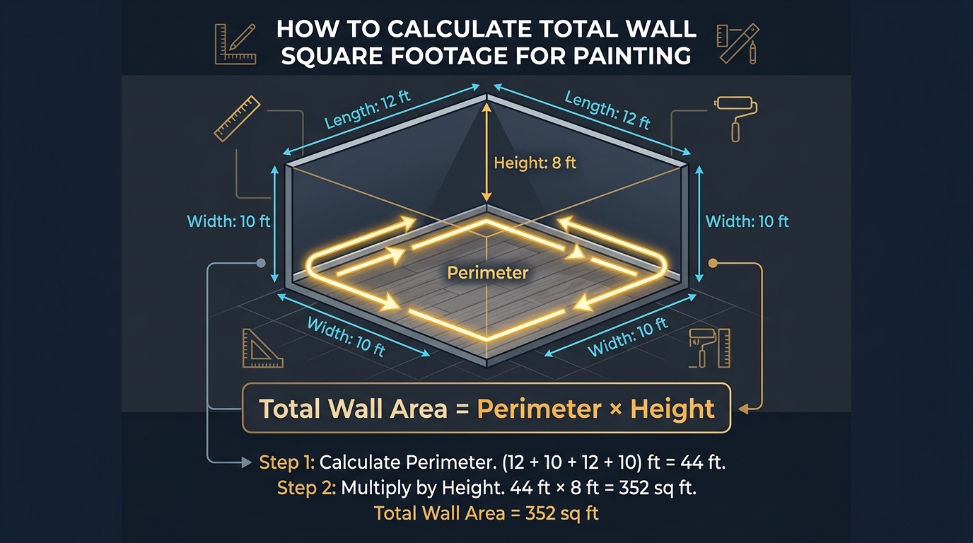 How to calculate total wall square footage for a room using the perimeter times height method with labeled dimensions