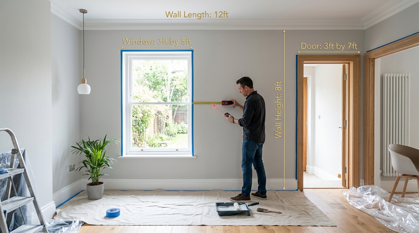 Professional painter using laser distance measure to gauge wall dimensions and subtract window openings for paint calculation