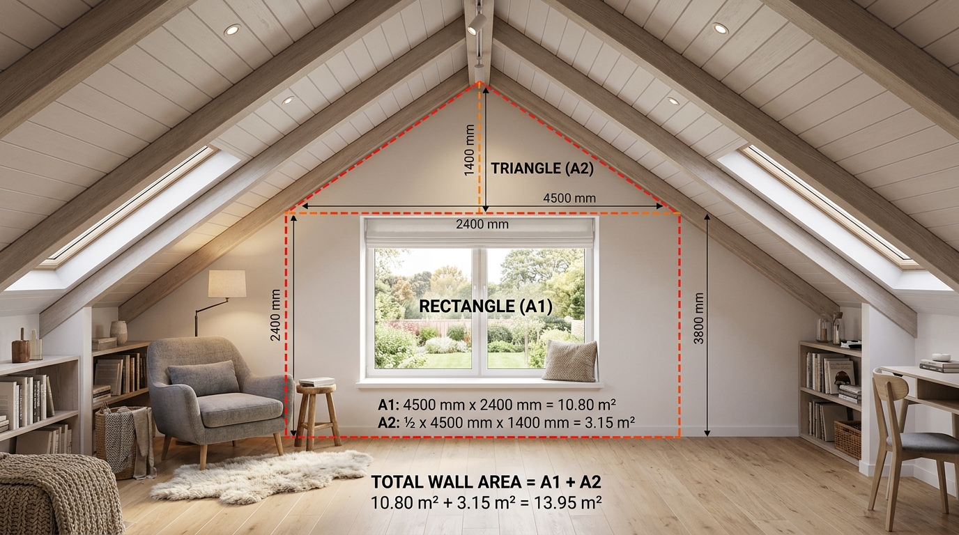 Attic wall with sloped ceiling divided into rectangular and triangular sections for area calculation