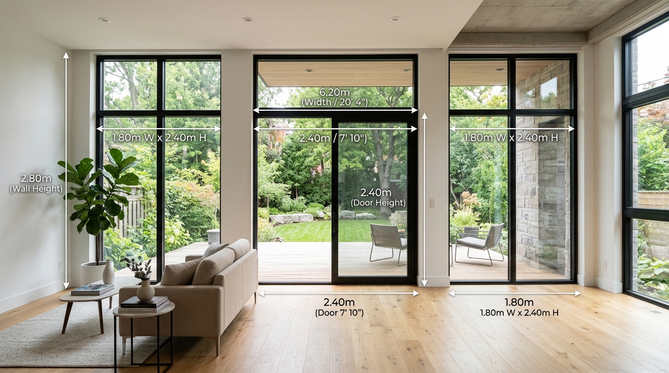 Interior wall featuring door and large window openings with graphic dimension lines for square footage deductions