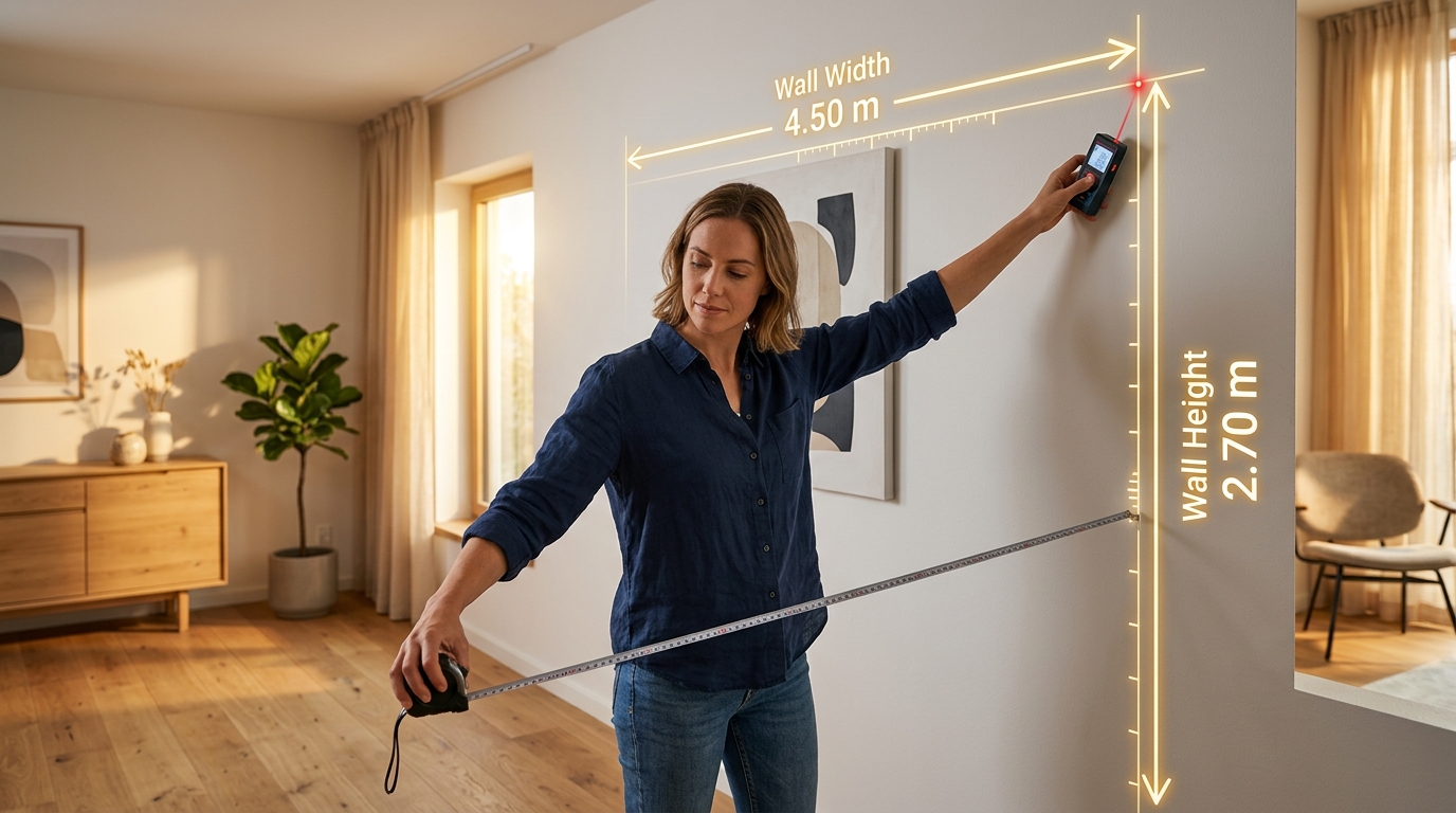 Homeowner measuring wall dimensions with tape measure and digital laser meter for square footage calculation