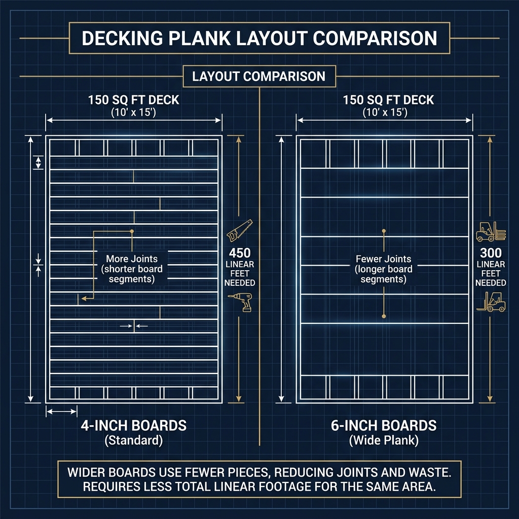 Diagram comparing narrow vs wide decking plank counts required for building standard backyard decks